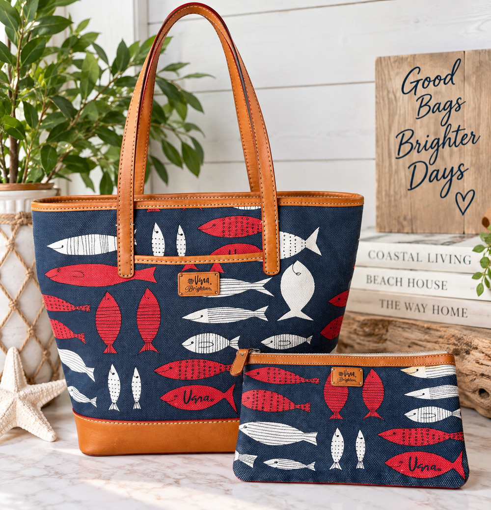 Vera Neumann Brighton Fish Nautical Tote Bag & Pouch Navy Red Tan Leather Trim